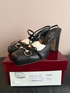 Gucci Black Leather Horsebit Block Heel Slingbacks